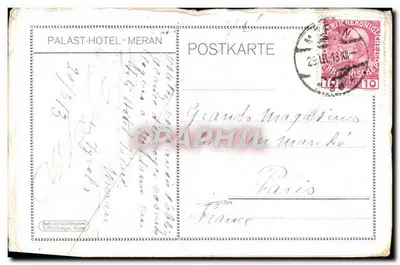 Stara pocztówka Hotel Palast Meran — Rewers