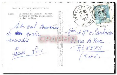 Pałac Chaillot (Azéma, Boileau i Carlu, architekci) — widok z ogrodu — Wydawnictwo André Guy & Cie — Rewers