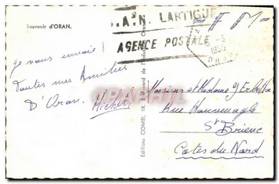 Oran — Widok panoramiczny z Corniche, stacji morskiej, domu Rolnictwa i placu Foch z teatrem — Souvenir d'Oran, Éditions Lartigue — Rewers