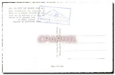 Estela comemorativa das experiências de Pascal — Puy de Dôme — editor S.P.A.D.E.M. n°298 — Verso