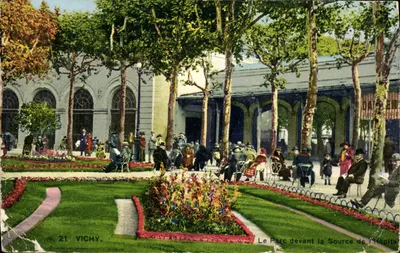 Bilhete postal antigo Vichy O Parque diante da Fonte do Hospital
