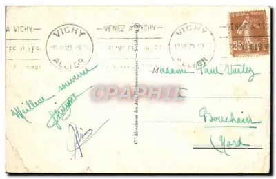 Bilhete postal antigo Vichy O Parque diante da Fonte do Hospital — Verso