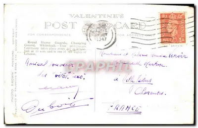 Royal Horse Guards, Changing Guard, Whitehall, Londres — Carta postal de Valentine's, Foto Brown & Sons Ltd, n° 77105 — Verso