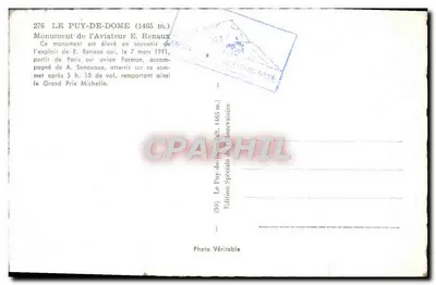 Le Puy-de-Dôme — Pomnik Lotnika E. Renaux — Wydanie Specjalne z Rezerwuaru — Rewers