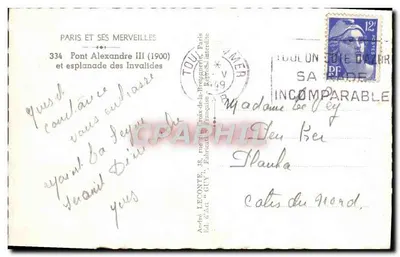 Pont Alexandre III — vista sull'esplanade degli Invalides — Ed. Guy, n° 334 — Verso