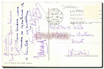 Genebra. A Baía e o Monte Branco — Edição Paul Lebet, No. 18 — Verso