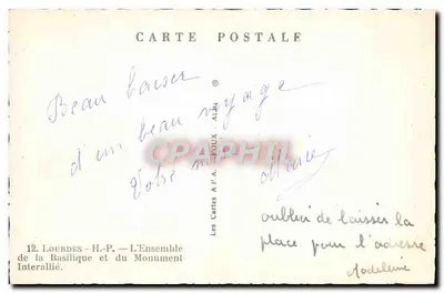 Lourdes — A Vista da Basílica e do Monumento Interallié — As Cartas A.P.A. Édouard FOUX — Verso