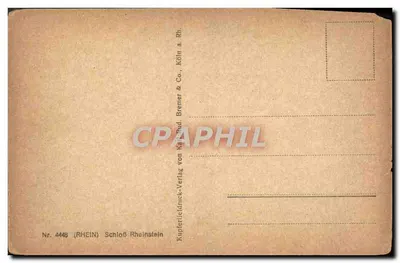 Schloss Rheinstein — ruínas sobre falésia à beira do rio Reno — Kupferdruck-Verlag von Karl Rud. Brener & Co. — Verso