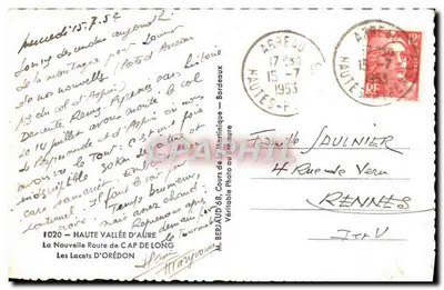 Os Lacets d'Orédon — Alta Valeira de Aure — Editor Mr. Berjaud, Cours de la Martinique, Bordeaux — Verso