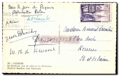 Lourdes — Widok na bazylikę z boku i na Pireneje — Éditions Minut-Heniers, Pau — Rewers