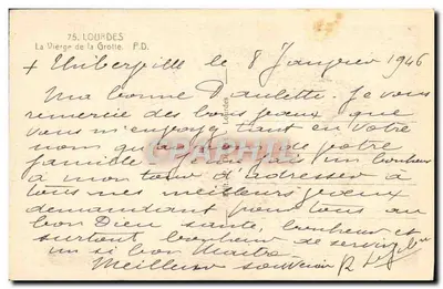 Stara pocztówka Lourdes Matka Dzika z jaskini — Rewers