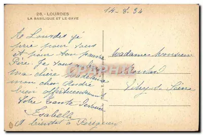 Lourdes — Bazylika i Gave — Wydawca: E. Béhannecours — Rewers
