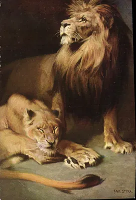 Lions — pintura de Tade Styka — editor desconhecido, n° 136