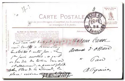 Paris, Ponte da Concorde — vista com barco a vapor — editor Raphael Turk & Fils, série 702 — Verso