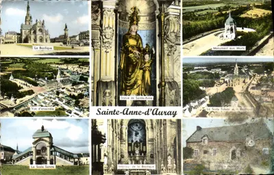 Nowoczesna pocztówka Bazylika św. Anny w Auray Ogólny widok Monument La Scala Sancta Pamiątkowy pomnik żołnierzy