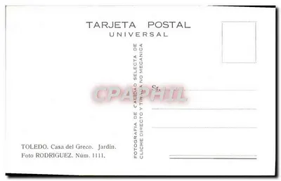 Toledo — Casa del Greco, jardim — Foto Rodríguez, Núm. 1111 — Verso