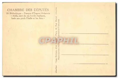 Zgromadzenie Posłów — Biblioteka — Fresk Eugène Delacroix „Attila, poprzedzony przez swoje barbarzyńskie hordy, stąpa na Italii i Sztuce” — Wydawnictwo Sztuki Yvon, Paryż — Rewers
