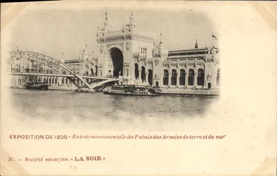 Wystawa 1900 — monumentalna wejściowa część Pałacu Sił Lądowych i Morskich — Spółka Anonimowa «LA SOIE»
