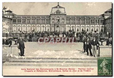 Bilhete postal antigo Asilo Nacional dos Convalescentes em Saint Maurice Pavilhão Central Capela e Refeitório Biblioteca Salas de Jogos