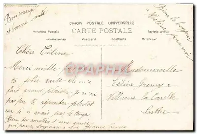 Kobieta w sukni z motywami kwiatowymi trzymająca bukiet — SINCERE AMITIÉ — wydawca Union Postale Universelle, nr 148 — Rewers