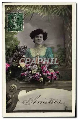 Femme en robe bleue — devant un décor de palmiers et de fleurs — éditeur BC n°312