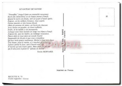 O Bolo de Saboia — Receita N. 70 — Edições LYNNA - Paris — Verso