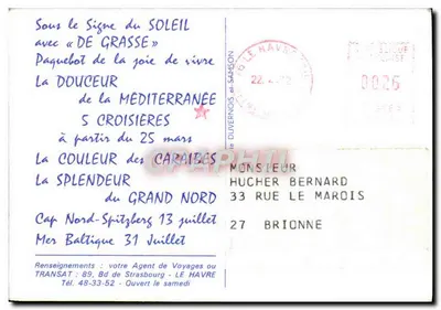 Navio de cruzeiro — Cunard Line — editor Transat, n° 0026 — Verso