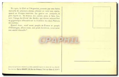 Estatua do Cristo Salvador — monumento de paz entre a Argentina e o Chile — Associação Popular Cristã pela Paz — Verso
