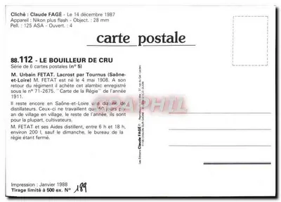 Le Bouilleur de Cru — M. Urbain FETAT w Lacrost — Claude FAGÉ, seria 88.112 — Rewers