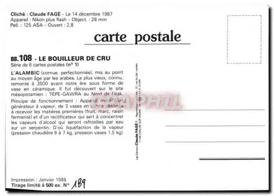 L'Alambic de Cru — Appareil à vapeur — Claude FAGÉ, serie 6 n°1 — Achterkant