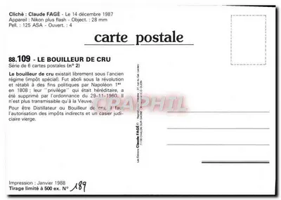 El destilador — Serie de 6 tarjetas postales (n°2) — Claude FAGÉ — Reverso