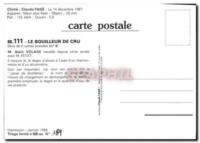 Bouilleur de cru — seria 6 pocztówek (n°4) — Wydawnictwo Claude FAGÉ — Rewers