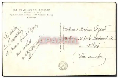 Exposição Internacional de Paris 1937 — Pavilhão da Suíça — Editor: H. Chipa — Verso