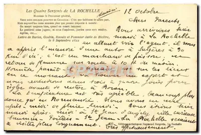 Os Quatro Sergentes de La Rochelle — Carta de Bories, Goubin, Raoulx e Pommier — Edições Artísticas Raymond Bergevin, La Rochelle — Verso
