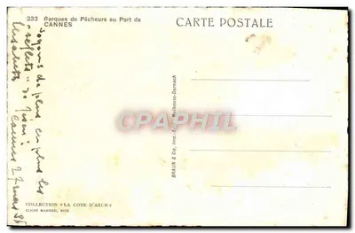 Łódki rybackie na portowym przystanie w Cannes — Kolekcja «La Côte d'Azur» — BRAUN & Cie, Wydawca i Drukarnia Mulhouse-Dornach — Rewers