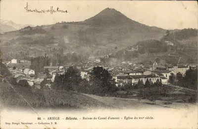 Bilhete postal antigo Ariege Belesta Ruínas Do Castelo D'Amont Igreja do 16eme