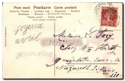 Dziewczyna w niebieskiej sukni z rybą — 1ER AVRIL — SER.443 — Wydrukowane w Niemczech — Rewers