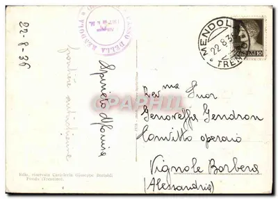 Grandi Alberghi Mendola m. 1360 — widok z lotu ptaka budynków i linii kolejowej — wydawca Cartoleria Giuseppe Bertoldi — Rewers