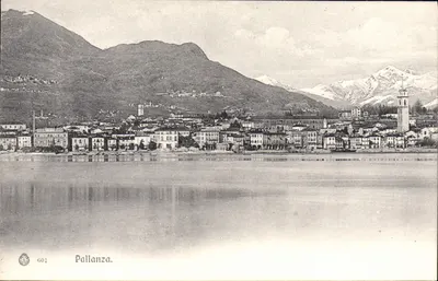Pallanza — vista do lago com montanhas nevadas — editor Brunner & C., n° 601