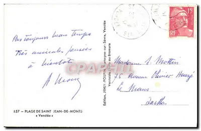 Plaża Saint-Jean-de-Monts — widok na chatki i namioty — wydawnictwo JEHLY-POLUPIN, nr 157 — Rewers