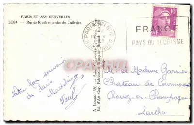 Rue de Rivoli i ogród Tuileries — Paryż — wydawca A. Leconte, n° 3.039 — Rewers