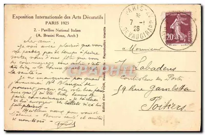 Pavillon National Italien — Exposition Internationale des Arts Décoratifs 1925 — Édition d'Art YON, Neuilly — Rückseite