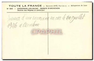 Andernos-les-Bains — Bassin d'Arcachon — Rentrée das Régates contra-luz — Edições Jové, Pau (B.P.) — Verso