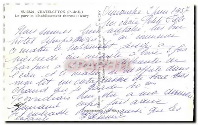 Châtelguyon — O parque e a estação termal Henry — Edições 'LA CIGOGNE' Vichy — Verso