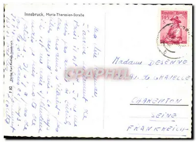 Innsbruck — Maria-Theresien-Straße com trêmio e montanhas — Verlag Karl Redlich, n° F 82 — Verso