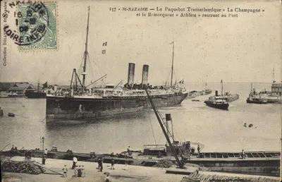 St-Nazaire — Der Transatlantische Dampfer « La Champagne » und der Schlepper « Athlète » beim Anlegen — Sammlung Delavay