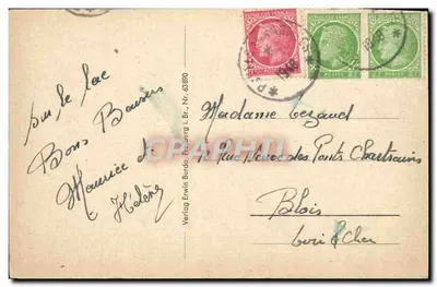 Friedrichshafen a.B. — uitzicht op het meer met boot en kerk — Verlag Erwin Burdo, Br., Nr. 63.890 — Achterkant