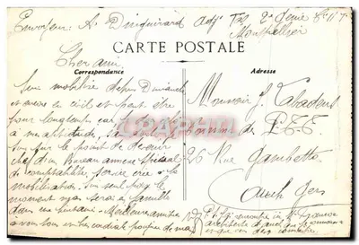 Tarjeta postal antigua Montpellier Vista del Castillo del Agua y Llegada del Acueducto Cygne Noir — Reverso