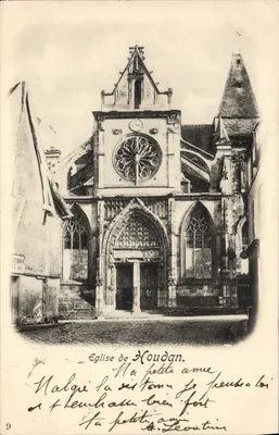 Igreja de Houdan — vista da fachada gótica com roseira — editor Lichtdruck G. Lehmann Jr., Winn. 4, Plaisiolmarkt 12