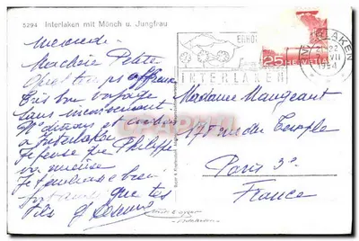 Interlaken mit Mönch u. Jungfrau — editor Byrj & Koppenstät — n° 5294 — Verso